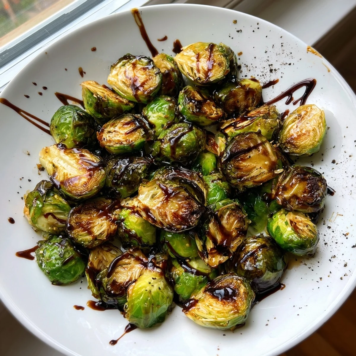 Tender Roasted Brussels Sprouts with Balsamic Glaze served warm, garnished with fresh thyme on a wooden board.