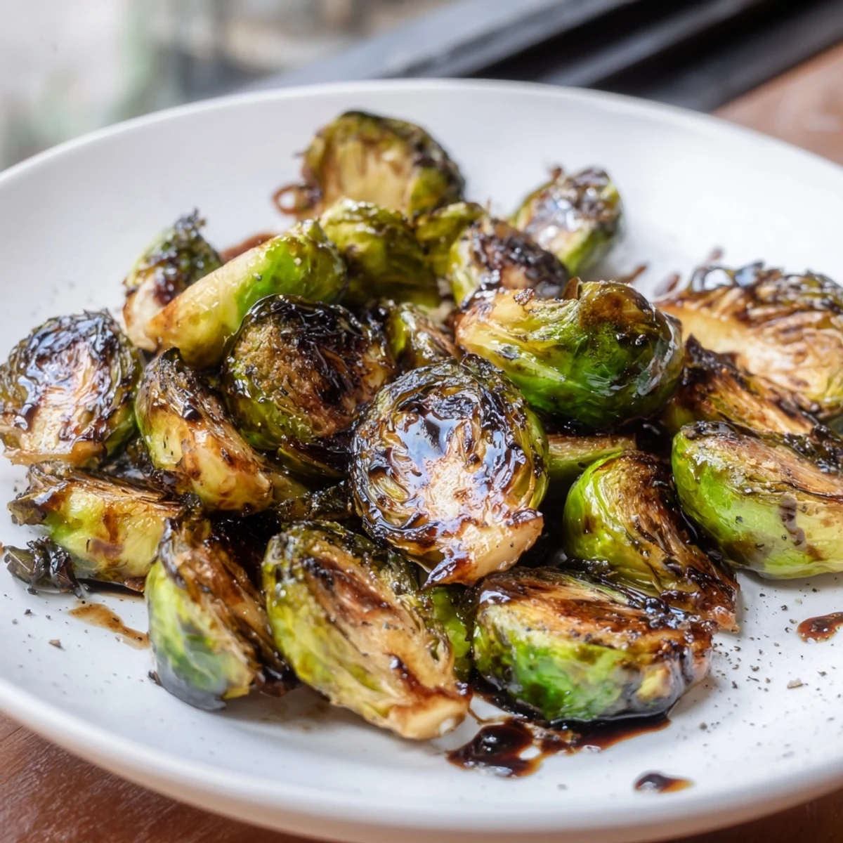A close-up of golden, caramelized Roasted Brussels Sprouts with Balsamic Glaze, glistening on a rustic platter.