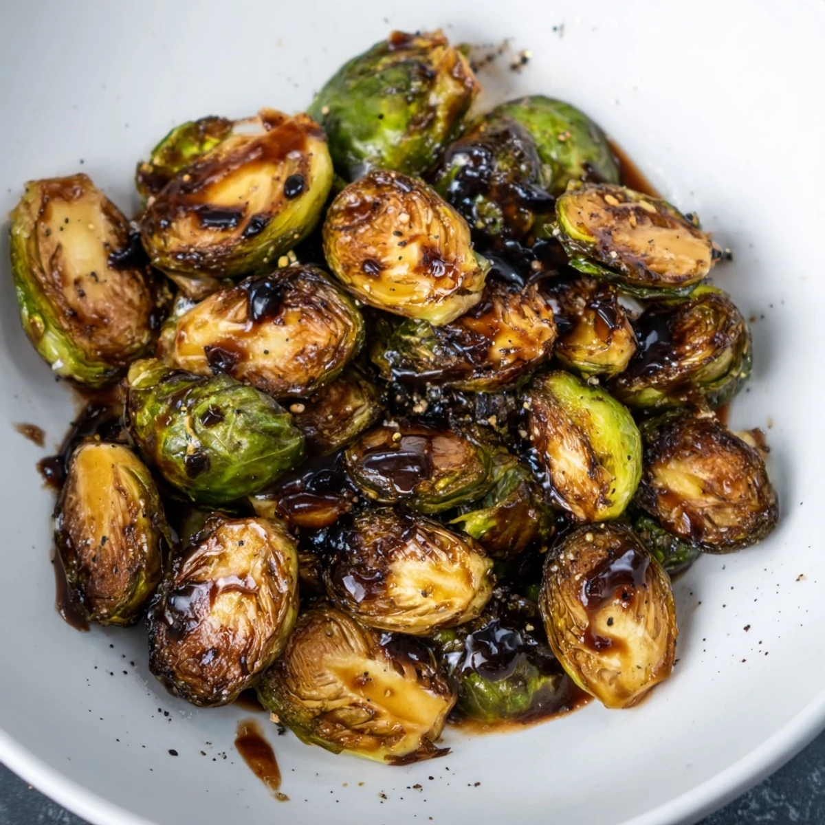 Roasted Brussels Sprouts with Balsamic Glaze drizzled over a bed of greens for a colorful side dish.
