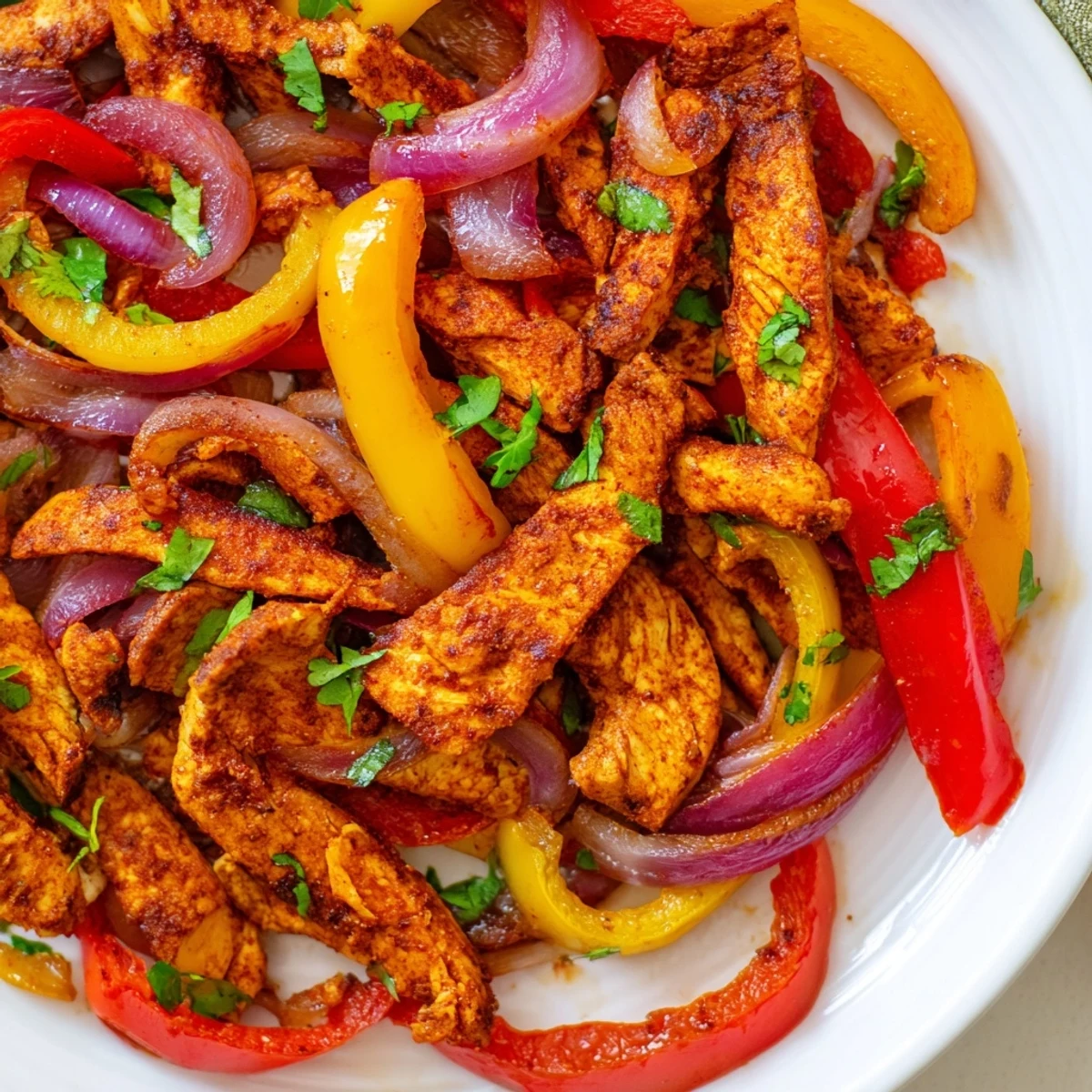 A close-up of Sheet Pan Chicken Fajitas, juicy and caramelized, ready to serve with warm corn tortillas and lime wedges.  