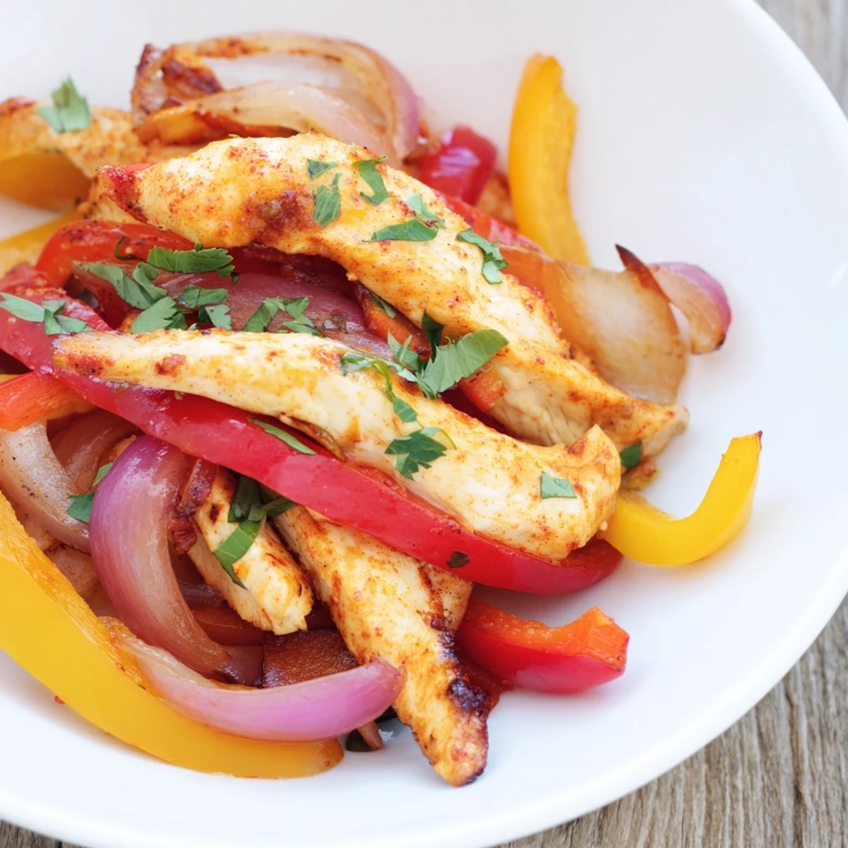 Golden Sheet Pan Chicken Fajitas with vibrant peppers and onions, garnished with fresh cilantro for a quick gluten-free dinner.