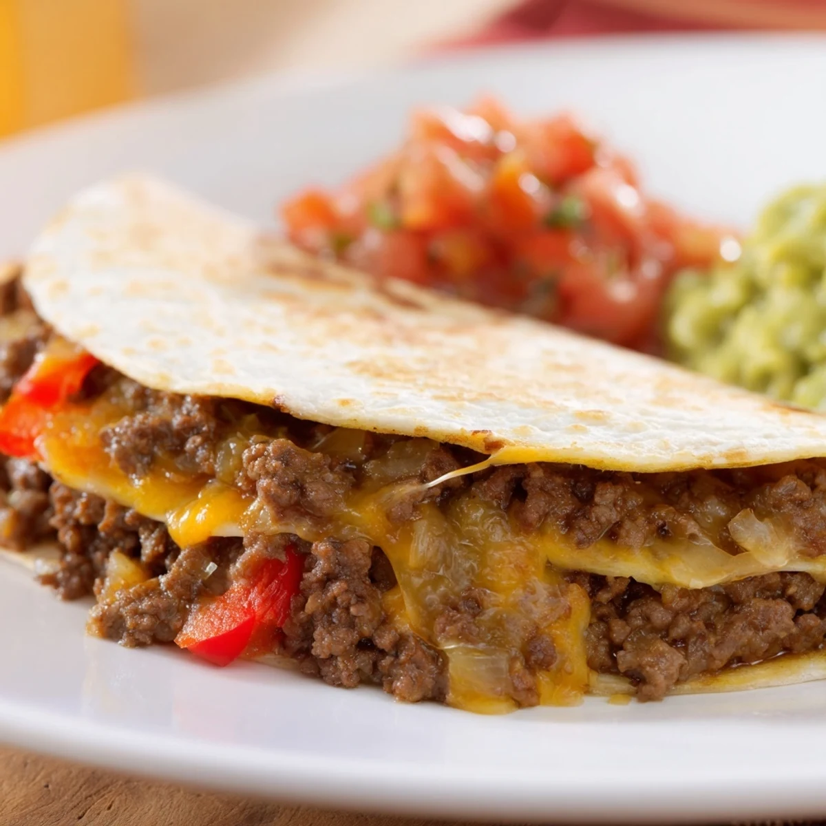 Two golden, crispy flour tortillas stuffed with seasoned ground beef and melted cheddar and Monterey Jack, served with fresh pico de gallo and creamy guacamole on the side.