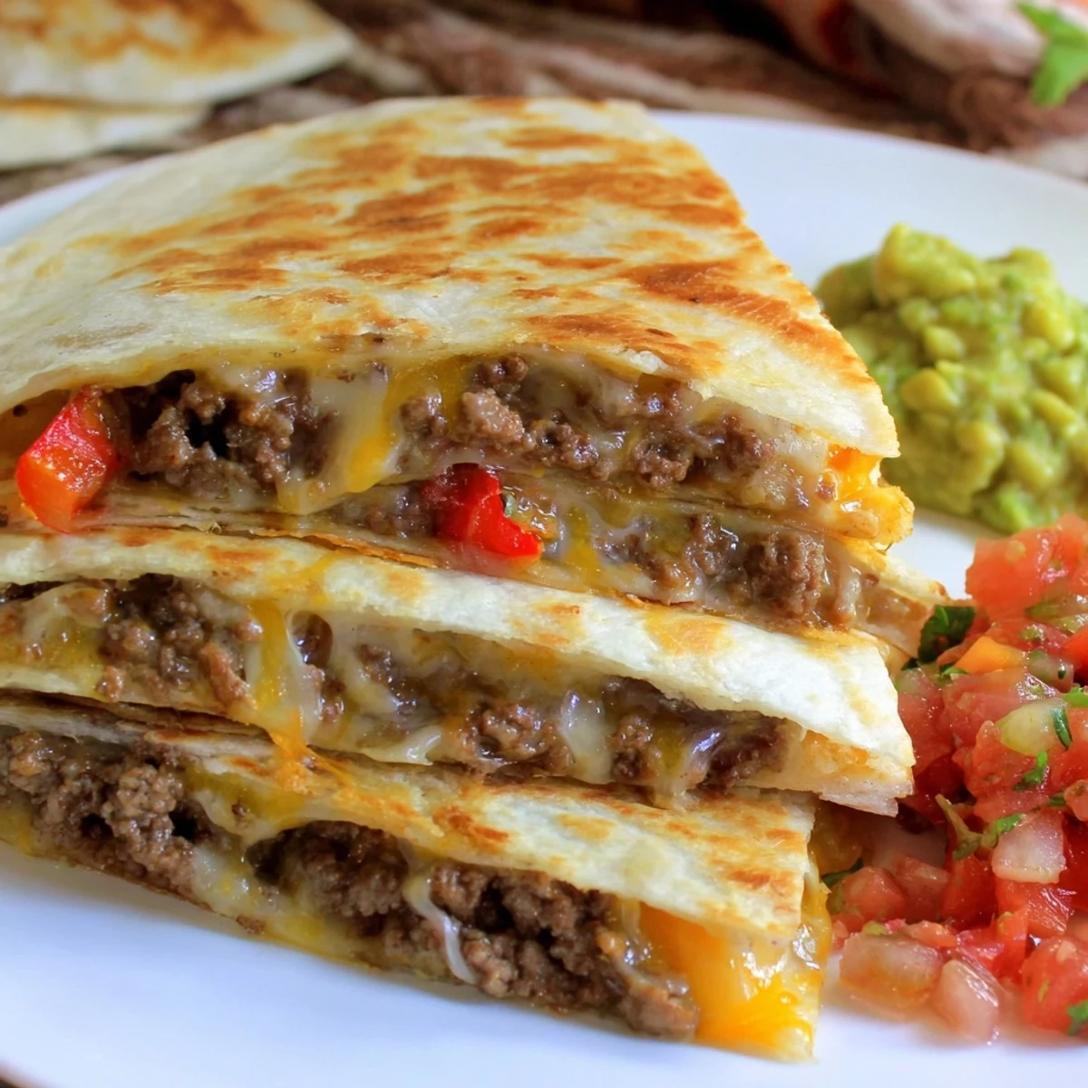 A close-up of sliced Beef Quesadillas, revealing the savory, spiced beef and gooey cheese filling, paired with vibrant red salsa and green guacamole for a weeknight dinner.