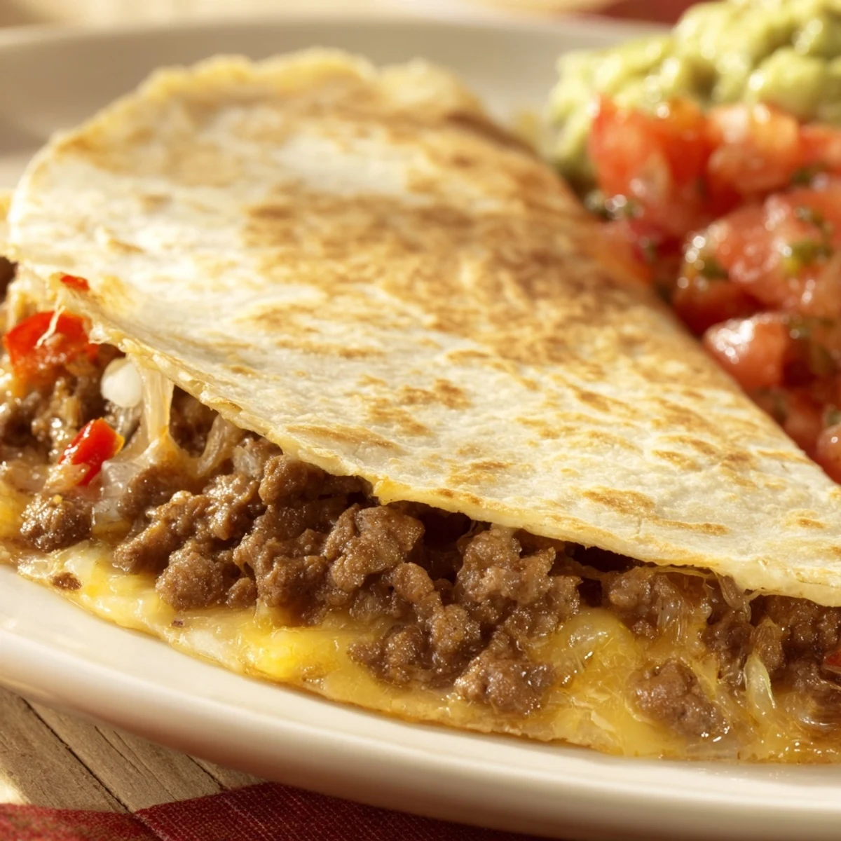 Golden-brown Beef Quesadillas garnished with cilantro, cut into triangles, served alongside a bowl of chunky tomato salsa and creamy avocado guacamole on a rustic table.