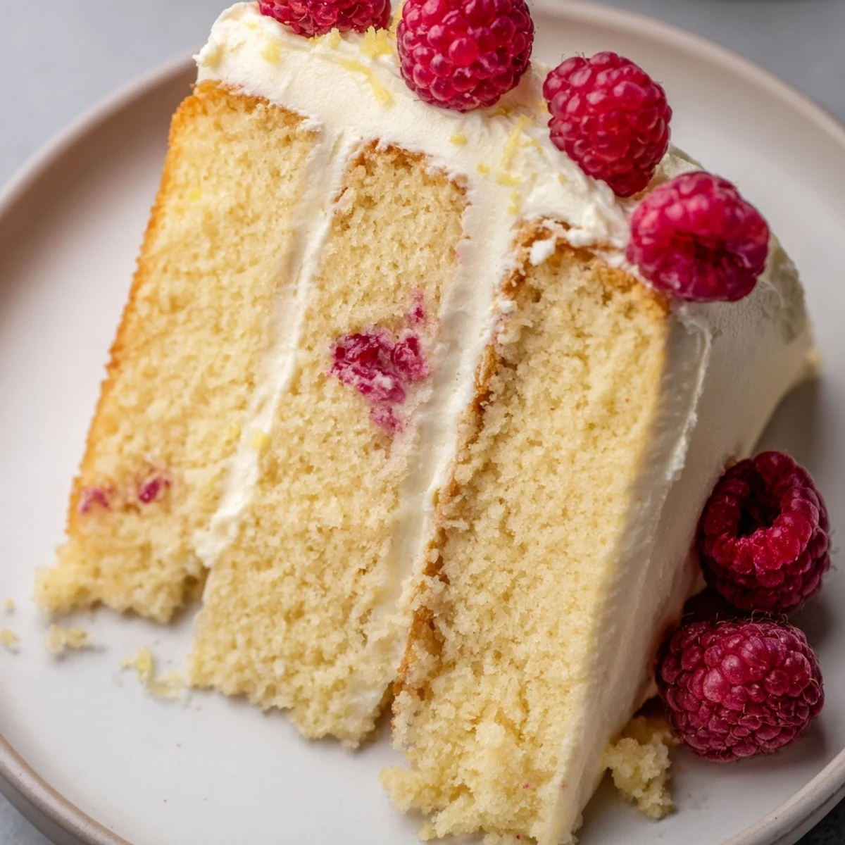 A bright slice of Lemon Raspberry Layer Cake with Frosting shows tender cake layers separated by fresh raspberries and creamy lemon frosting.  