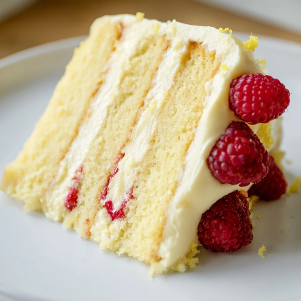 Ready to serve, the Lemon Raspberry Layer Cake with Frosting features pale yellow layers and a smooth, luscious lemon buttercream swirl.