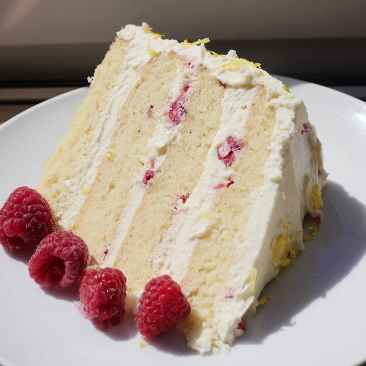 In the photo, a whole Lemon Raspberry Layer Cake with Frosting sits on a white stand, garnished with extra berries and lemon zest.  