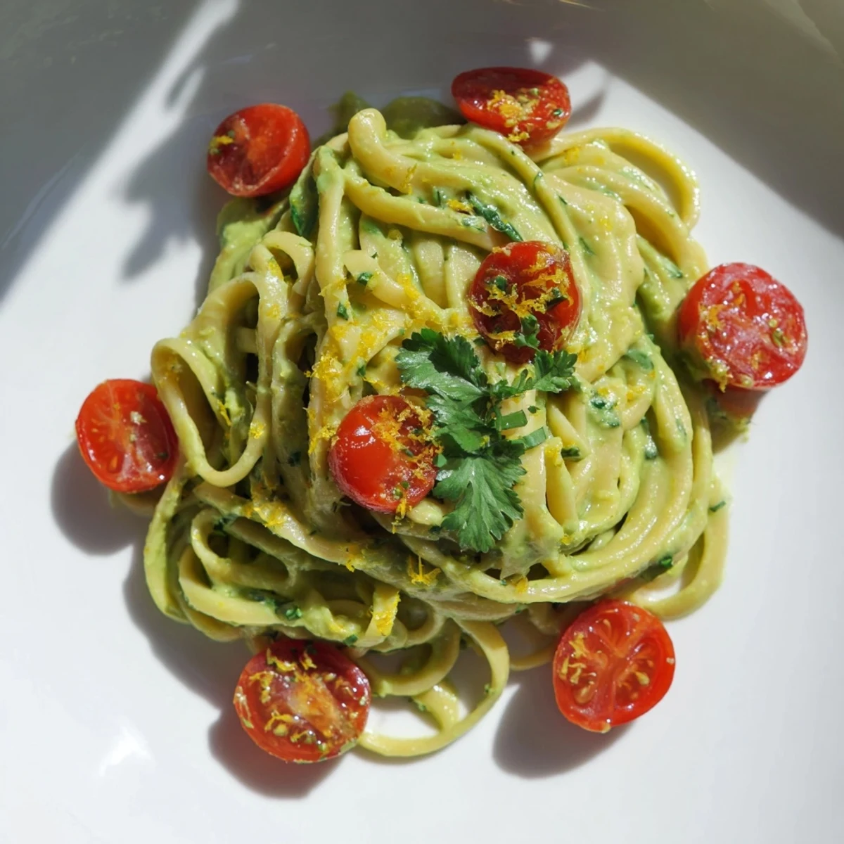 A close-up of Creamy Avocado Lime Pasta with Cherry Tomatoes garnished with cilantro and lime zest.