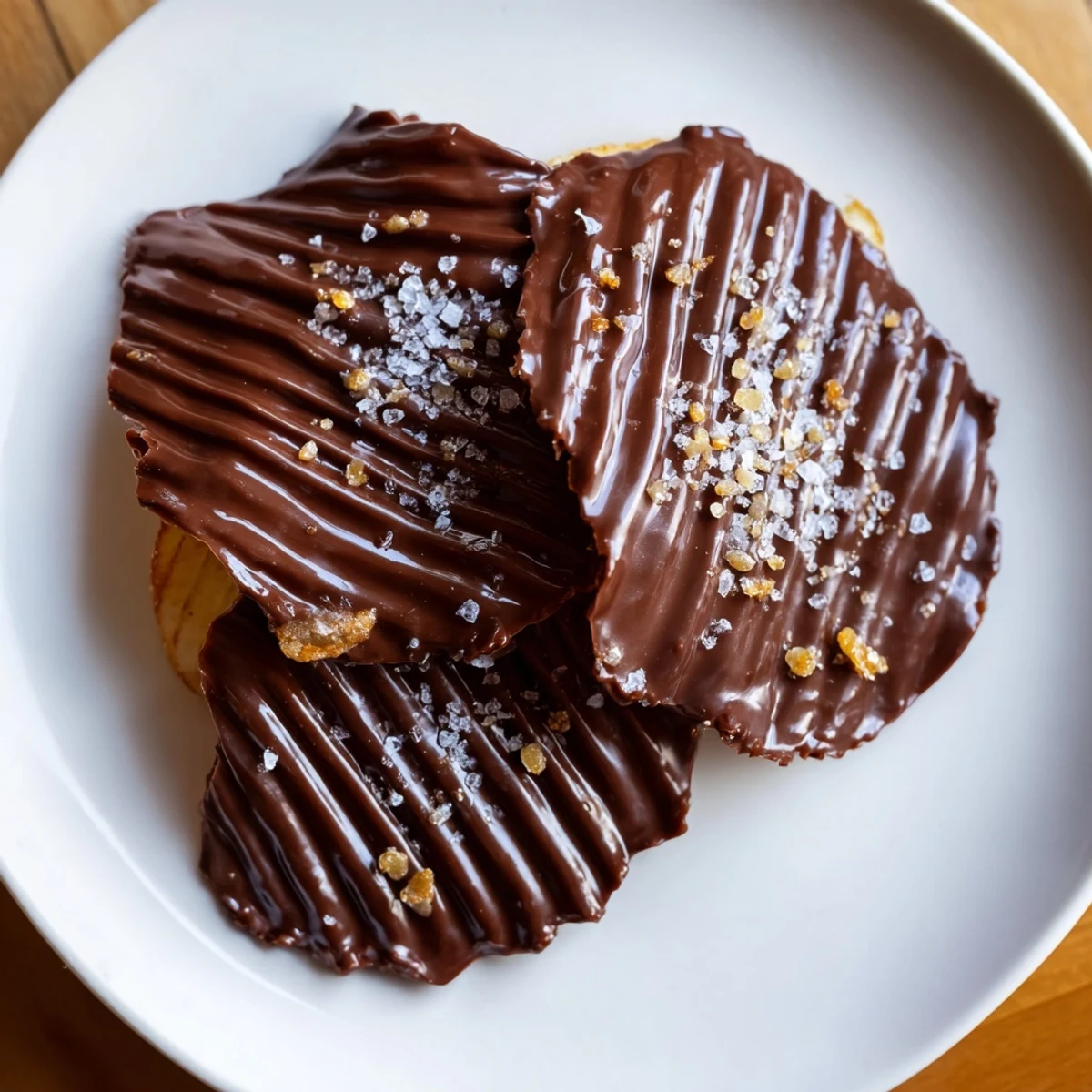 A close-up of crisp potato chips dipped in rich dark chocolate, sprinkled with sea salt flakes for an irresistible treat.