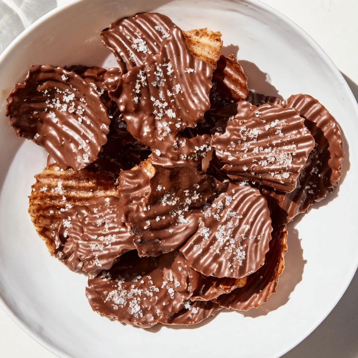 Easy chocolate covered potato chips arranged on parchment paper, perfect for gifting or a quick indulgent dessert bite.