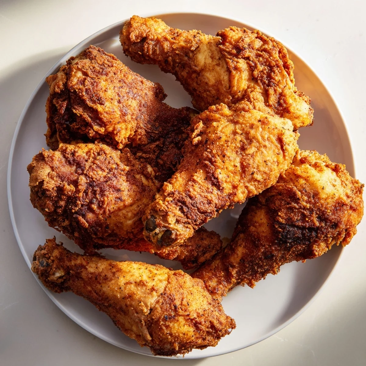 Golden brown Cajun Fried Chicken drumsticks and thighs, seasoned with bold spices and arranged on a rustic wooden serving platter.