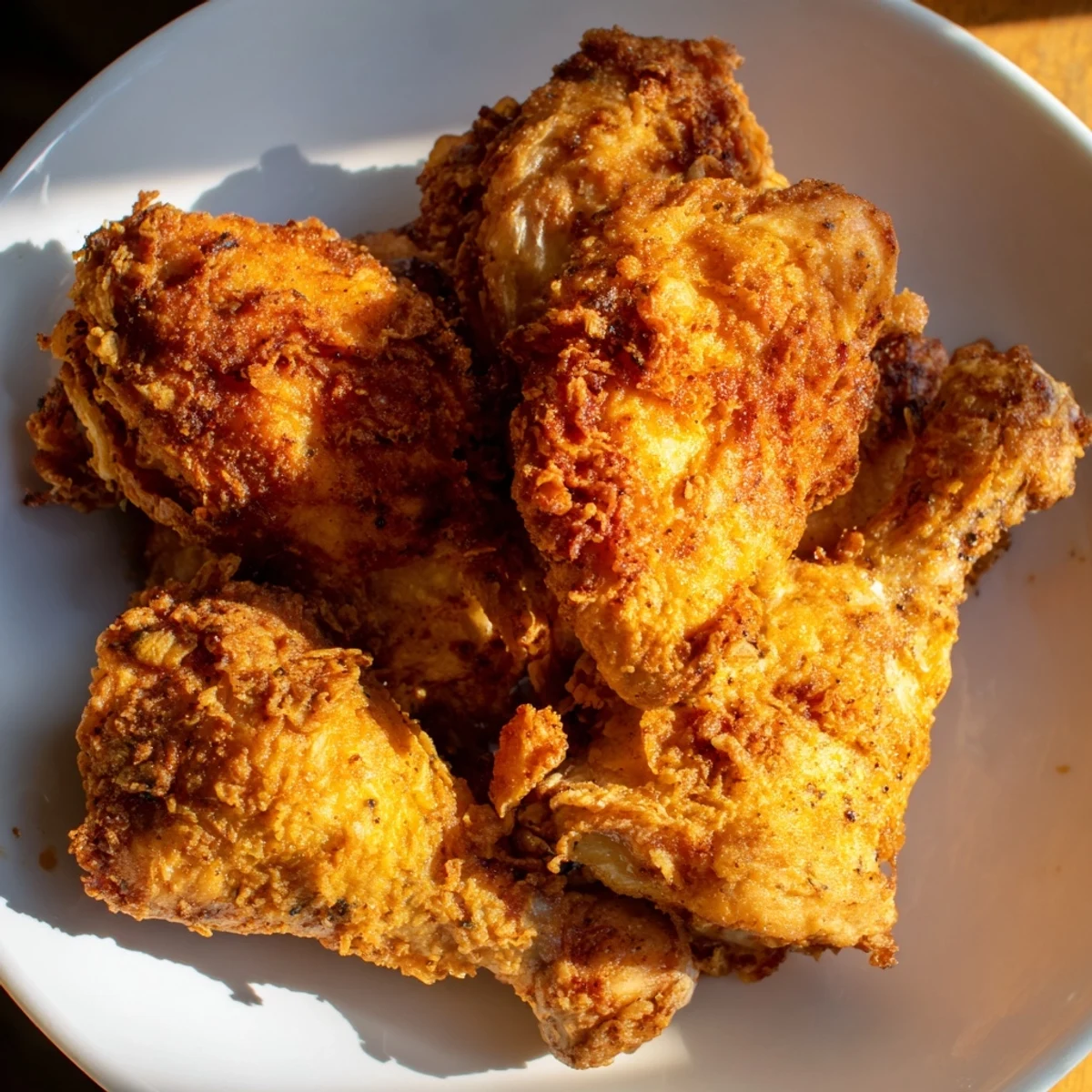 A close-up of Cajun Fried Chicken pieces, highlighting the crunchy golden crust seasoned with paprika and cayenne on a checkered cloth.