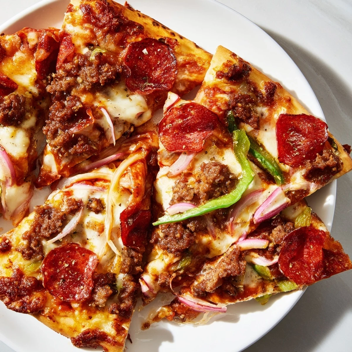 Golden, bubbling MVP Meat Lover Pizza fresh from the oven, topped with halal pepperoni, sausage, and bacon on a crispy crust.