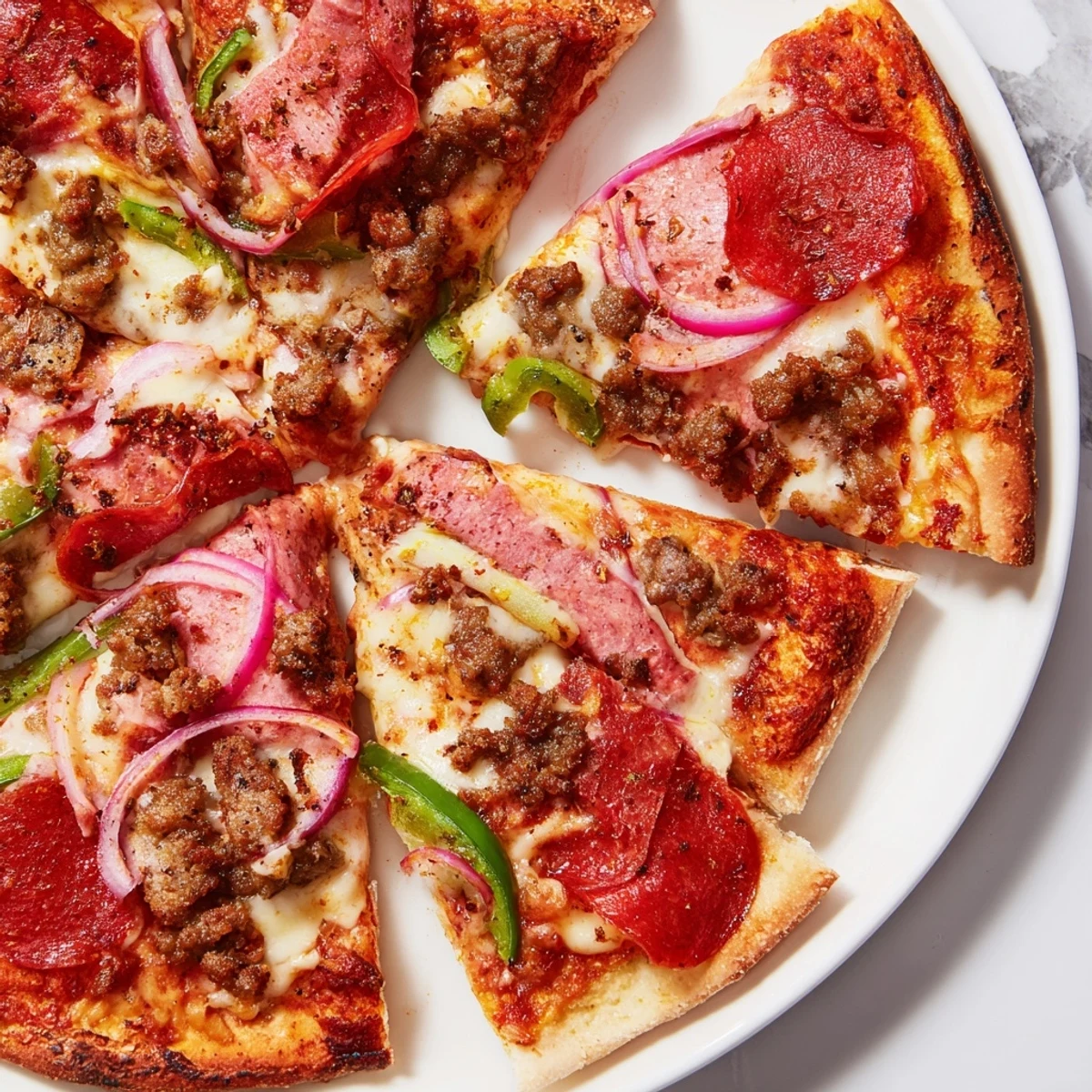 Perfectly sliced MVP Meat Lover Pizza on a wooden board, showcasing layers of melty mozzarella, cheddar, and savory halal beef toppings.