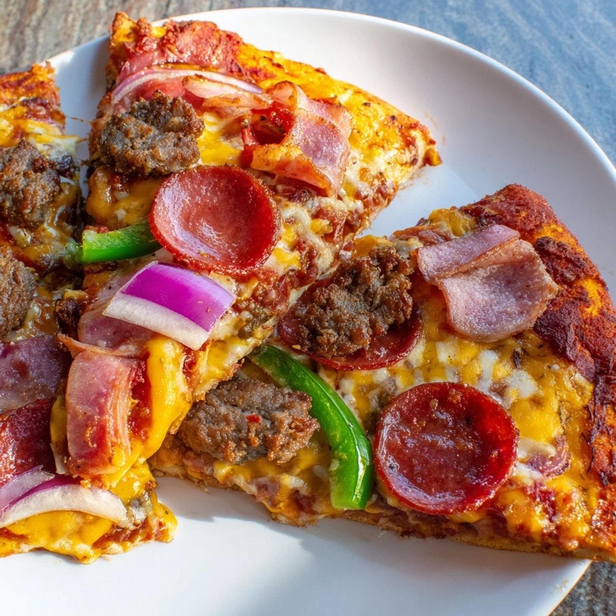 Close-up of a delicious slice of MVP Meat Lover Pizza, with hearty halal ground beef, red onions, and green peppers.