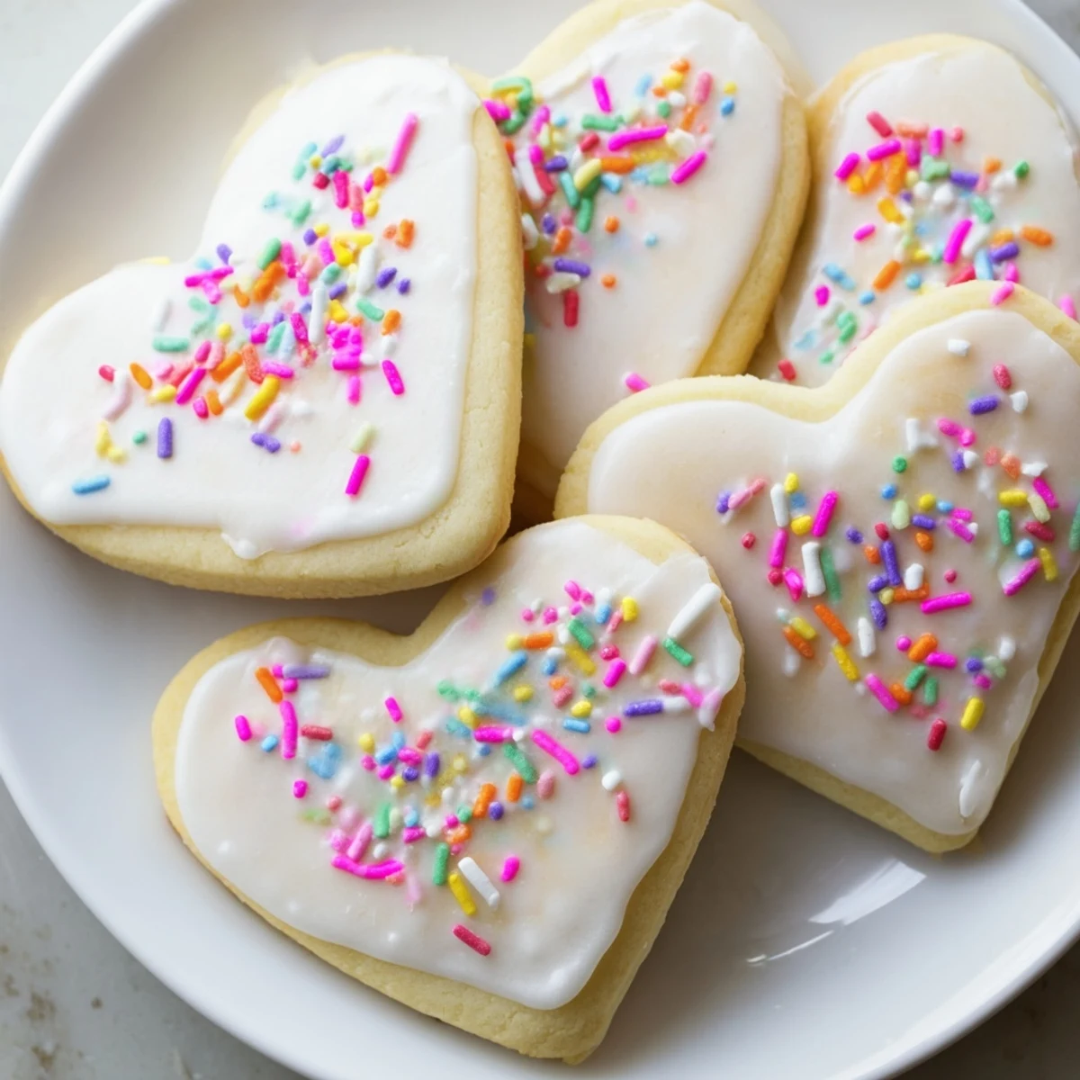 Freshly baked Sweetheart Sugar Cookies arranged on a cooling rack, showing golden edges and a glossy vanilla glaze.