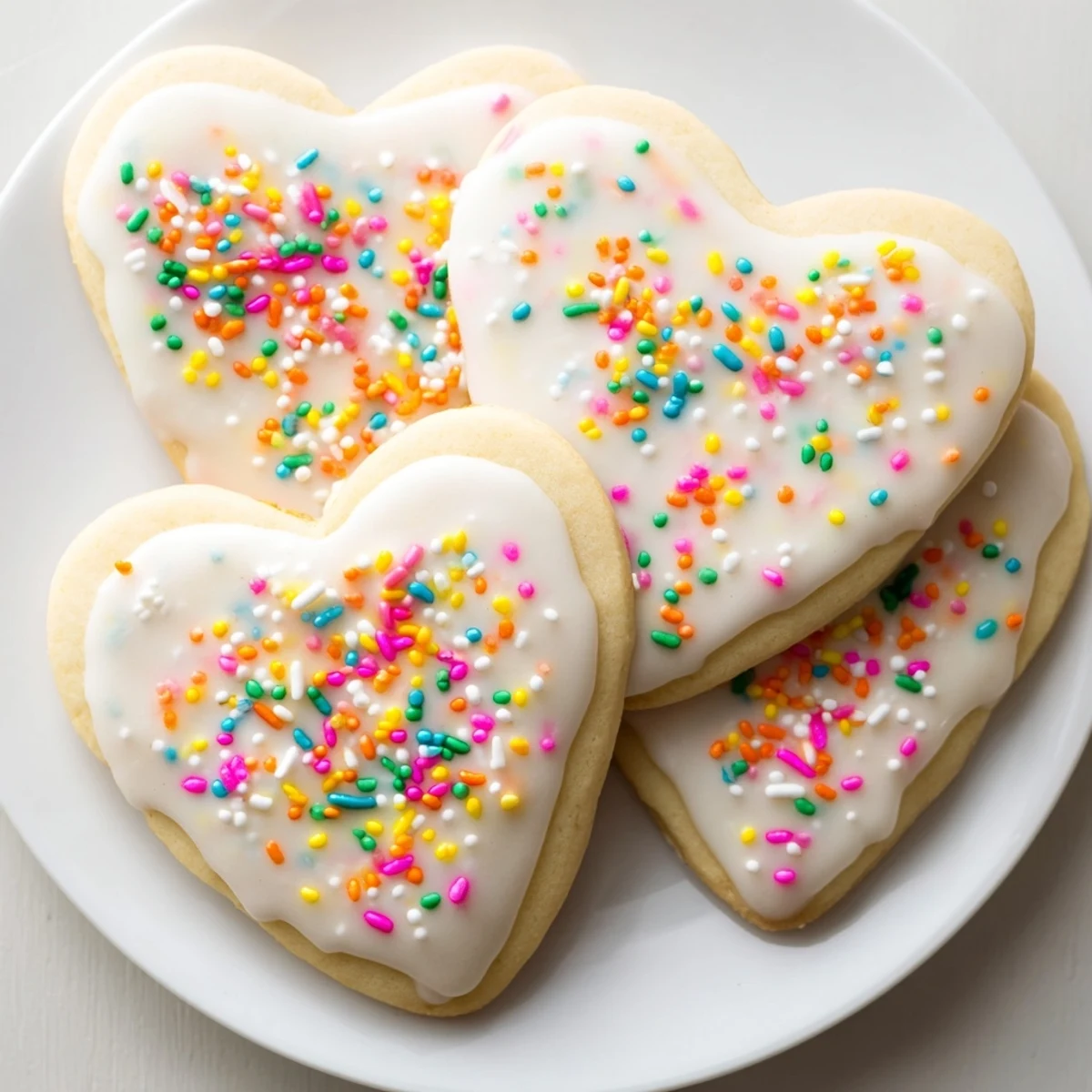 Sweetheart Sugar Cookies with heart shapes, decorative pink glaze, and colorful sprinkles, ready for Valentine’s Day sharing.