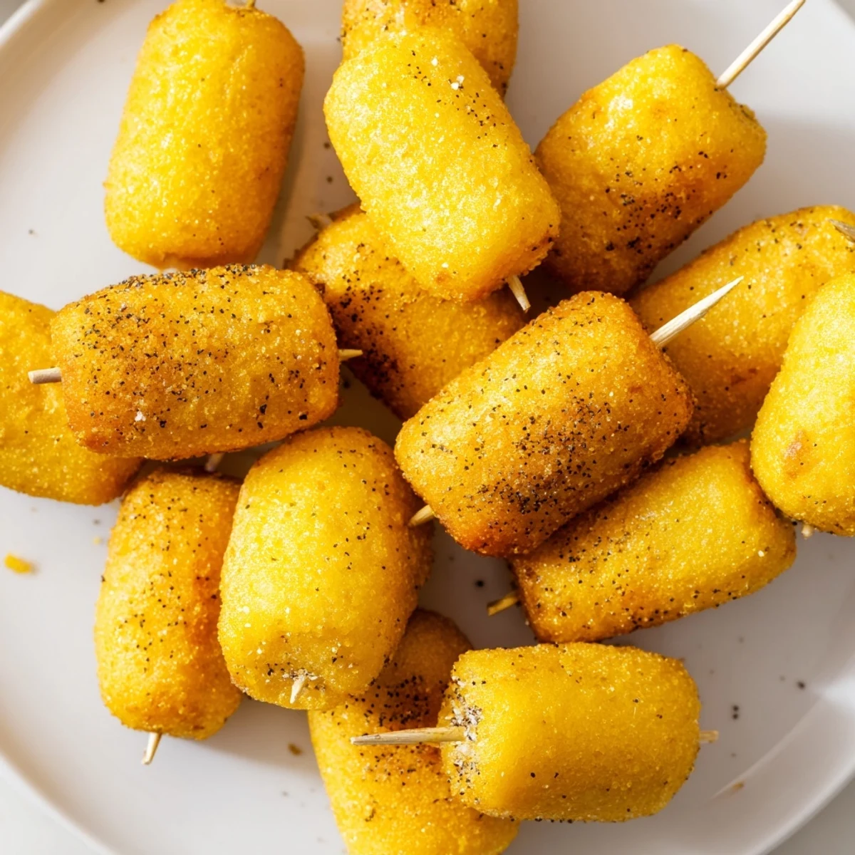 Golden-brown Super Bowl Corn Dog Nuggets rest on parchment, showcasing their crisp, cornmeal-battered texture.  