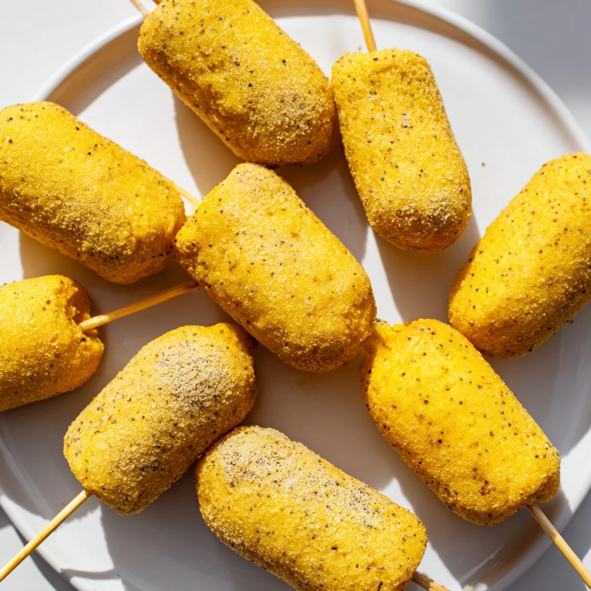 A platter of Super Bowl Corn Dog Nuggets with toothpick tops and vibrant dipping sauces.  