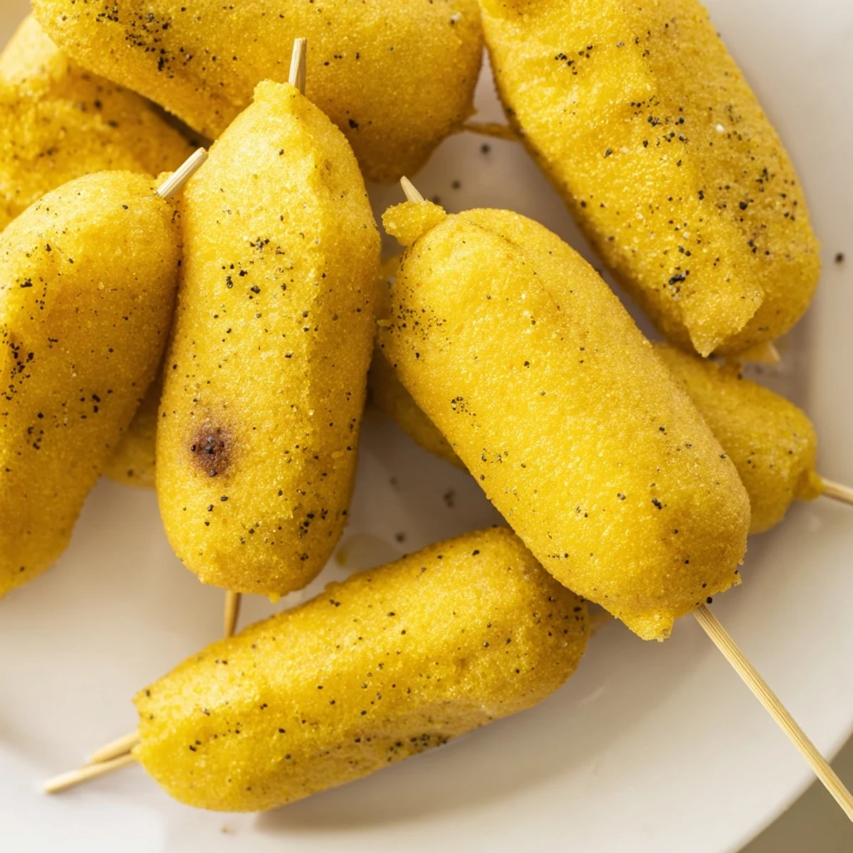 Bite-sized Super Bowl Corn Dog Nuggets stacked on a white plate, garnished with parsley for serving.