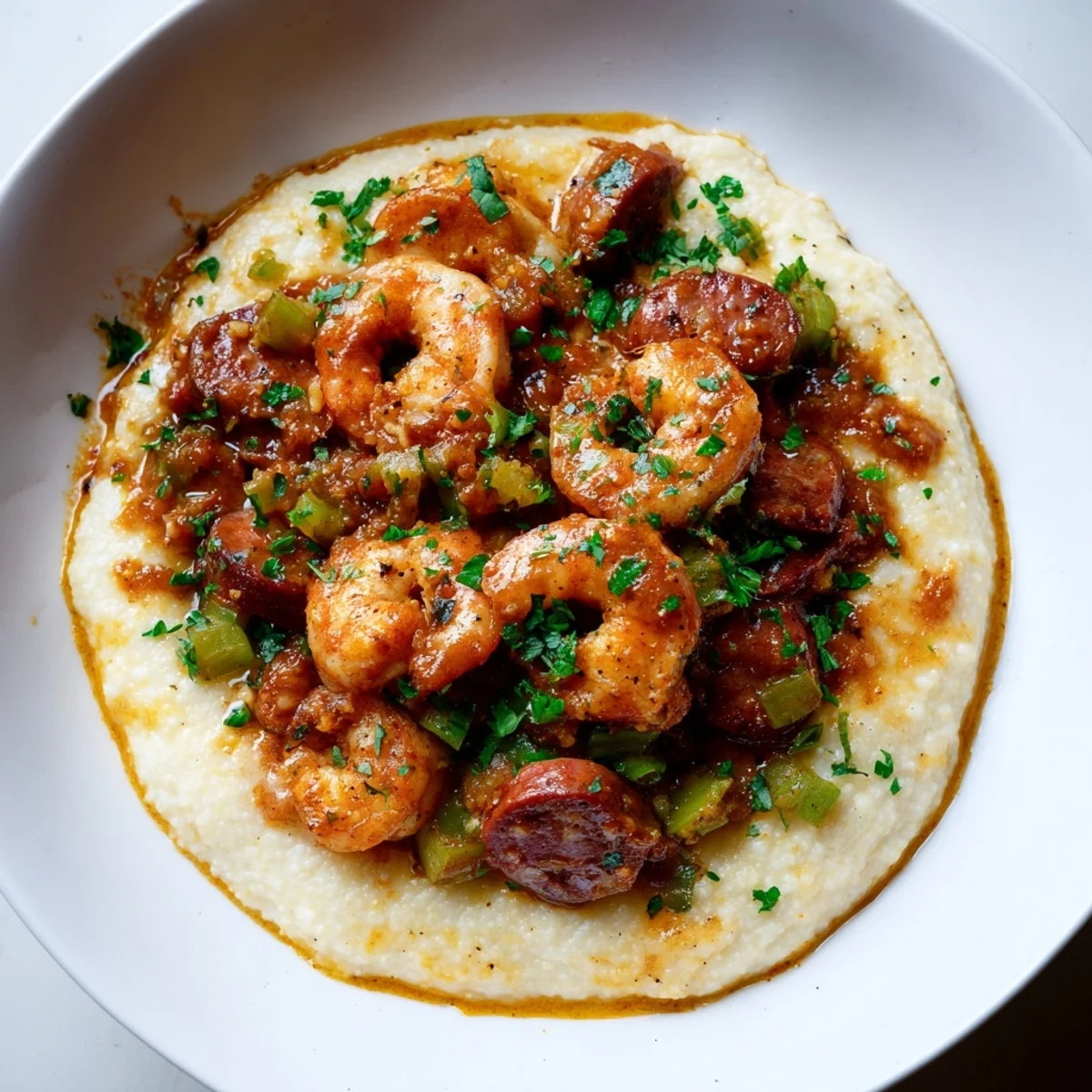 Southern Creole shrimp and grits garnished with fresh parsley for a comforting, hearty meal.