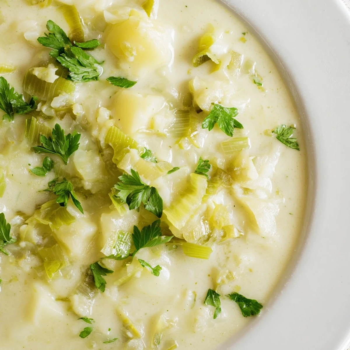 A warm bowl of Irish Leek and Potato Soup, garnished with fresh parsley, ready to serve with crusty bread.