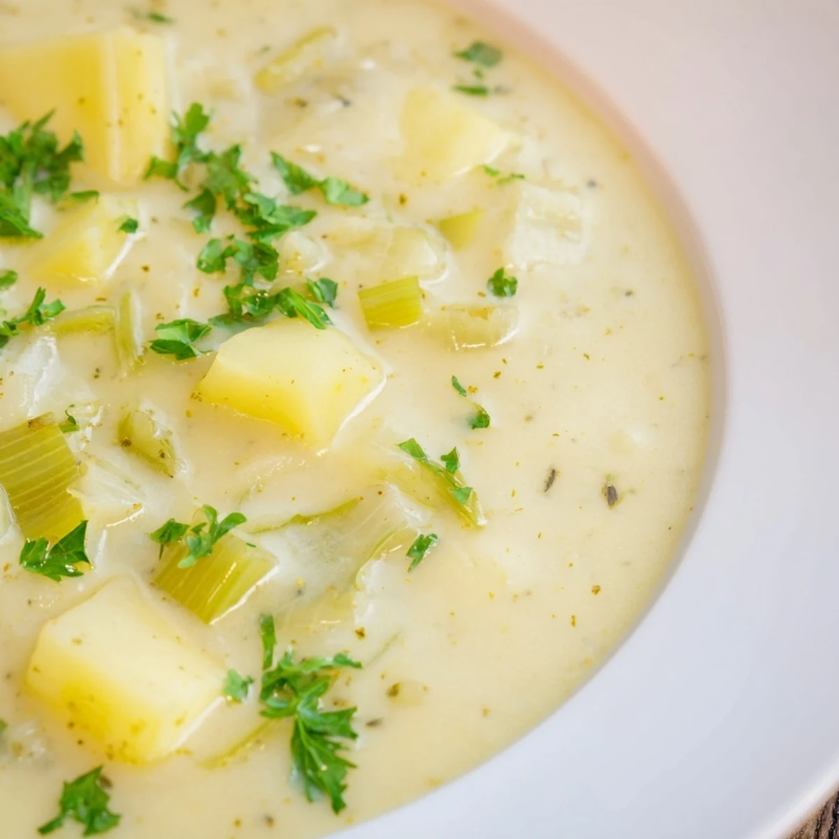Hearty Irish Leek and Potato Soup in a white bowl, steaming gently beside a slice of Irish soda bread.