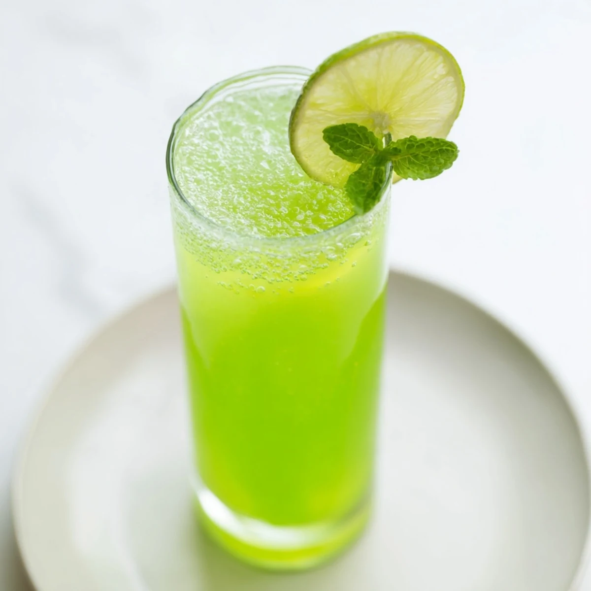 Vibrant St. Patricks Day Green Beer Mocktail in a chilled pint glass, garnished with fresh mint and a lime wheel.