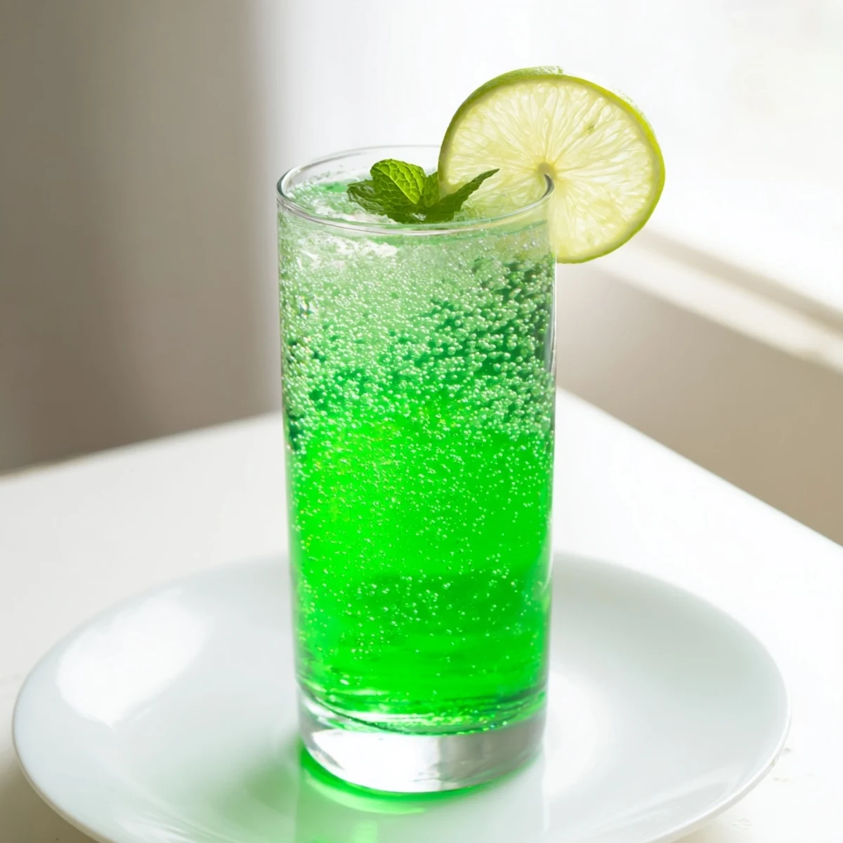 Bright St. Patricks Day Green Beer Mocktail poured over ice, garnished with mint and lime, ready to serve.