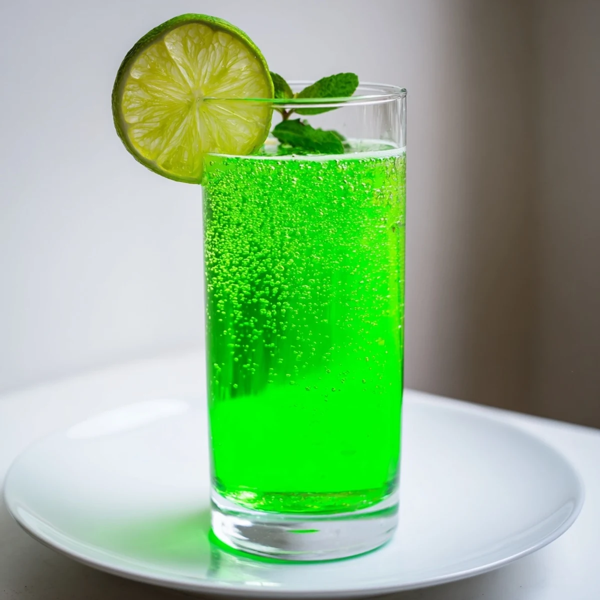 Festive St. Patricks Day Green Beer Mocktail in a pitcher with lime wedges and mint, perfect for celebrations.