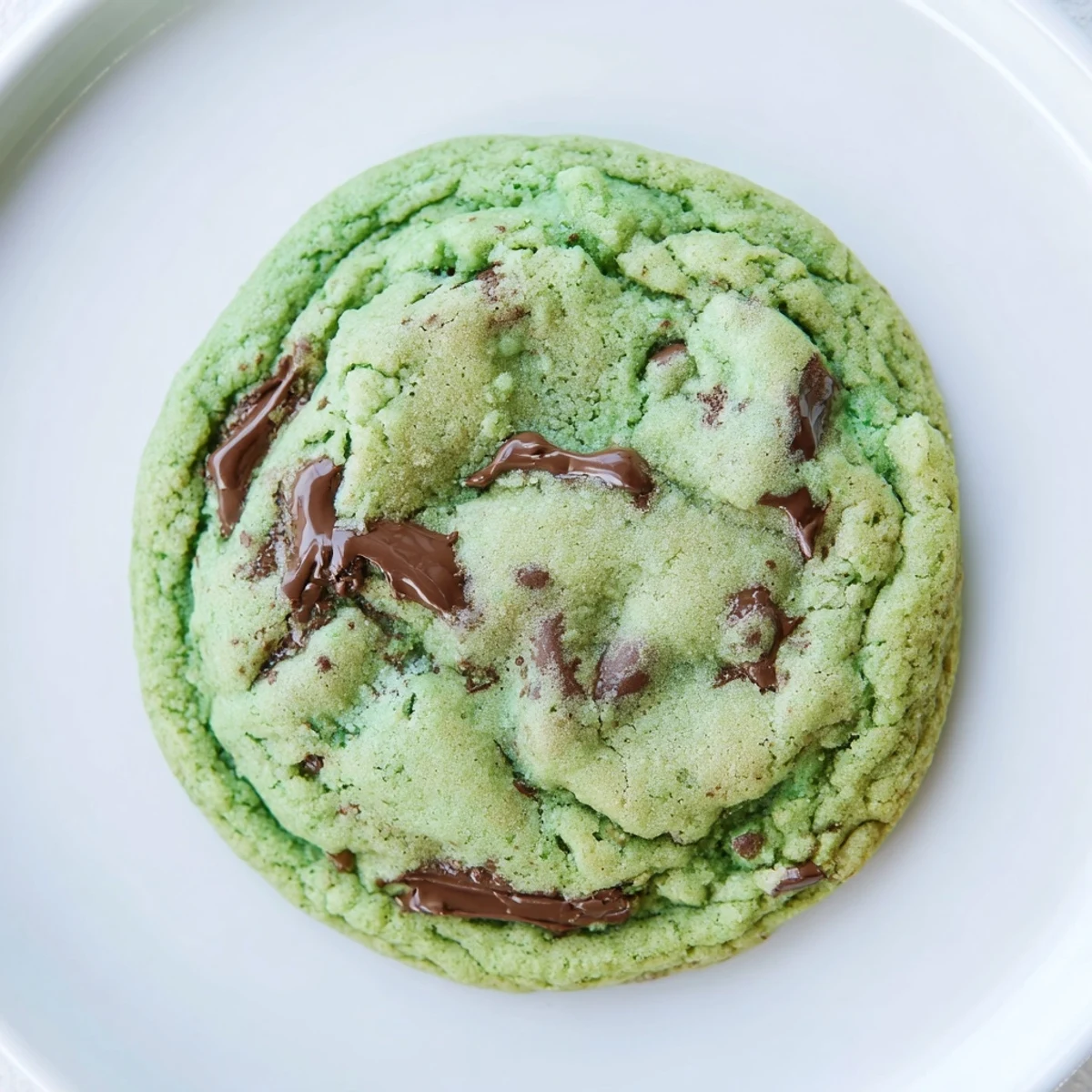 A close-up of warm green mint chocolate chip cookies reveals chewy texture and rich mint aroma.
