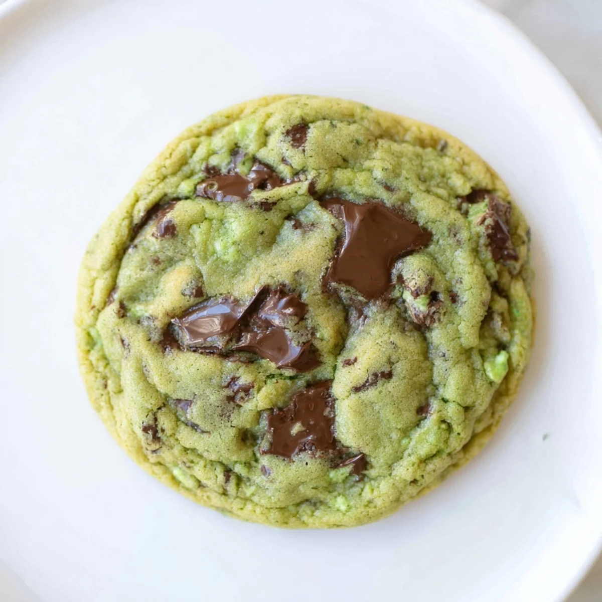 Freshly baked green mint chocolate chip cookies cool on a wire rack beside scattered chocolate morsels.  