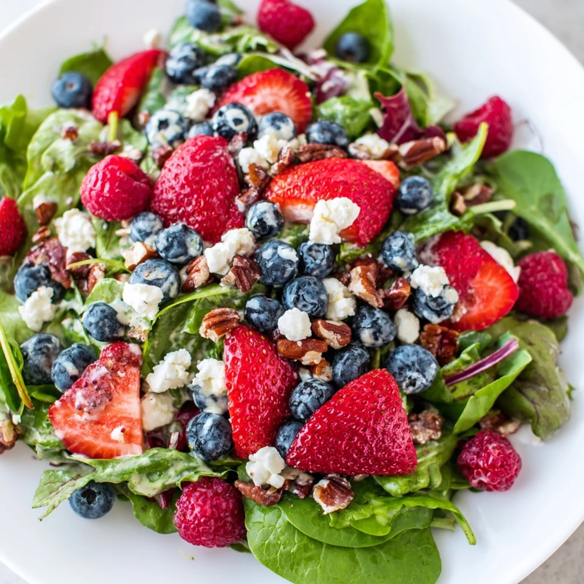 Freshly tossed Sweetheart Berry Salad with mixed greens, ripe strawberries, blueberries, and raspberries topped with creamy feta and crunchy pecans.