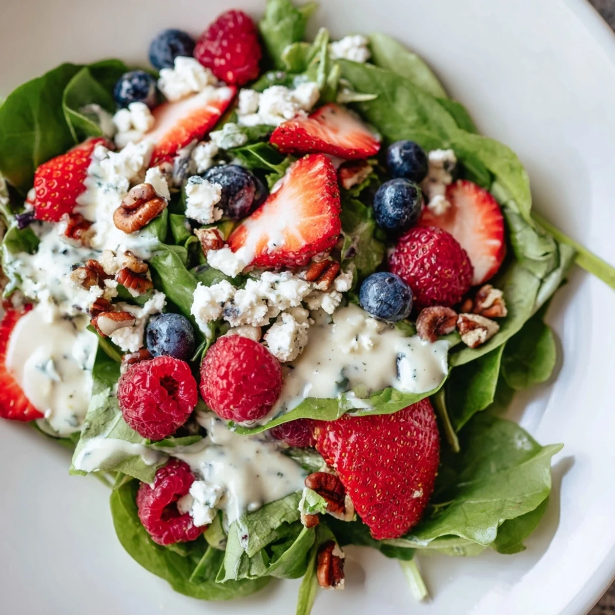 A serving of Sweetheart Berry Salad drizzled with poppy seed dressing, perfect as a light lunch, picnic side, or romantic dinner salad.