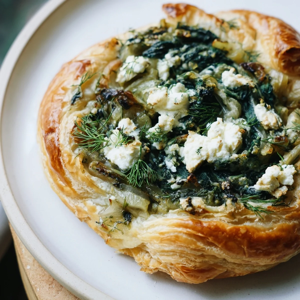 Golden-brown, flaky Green Spinach and Feta Puff Pastry is sliced open to reveal a warm, creamy filling.
