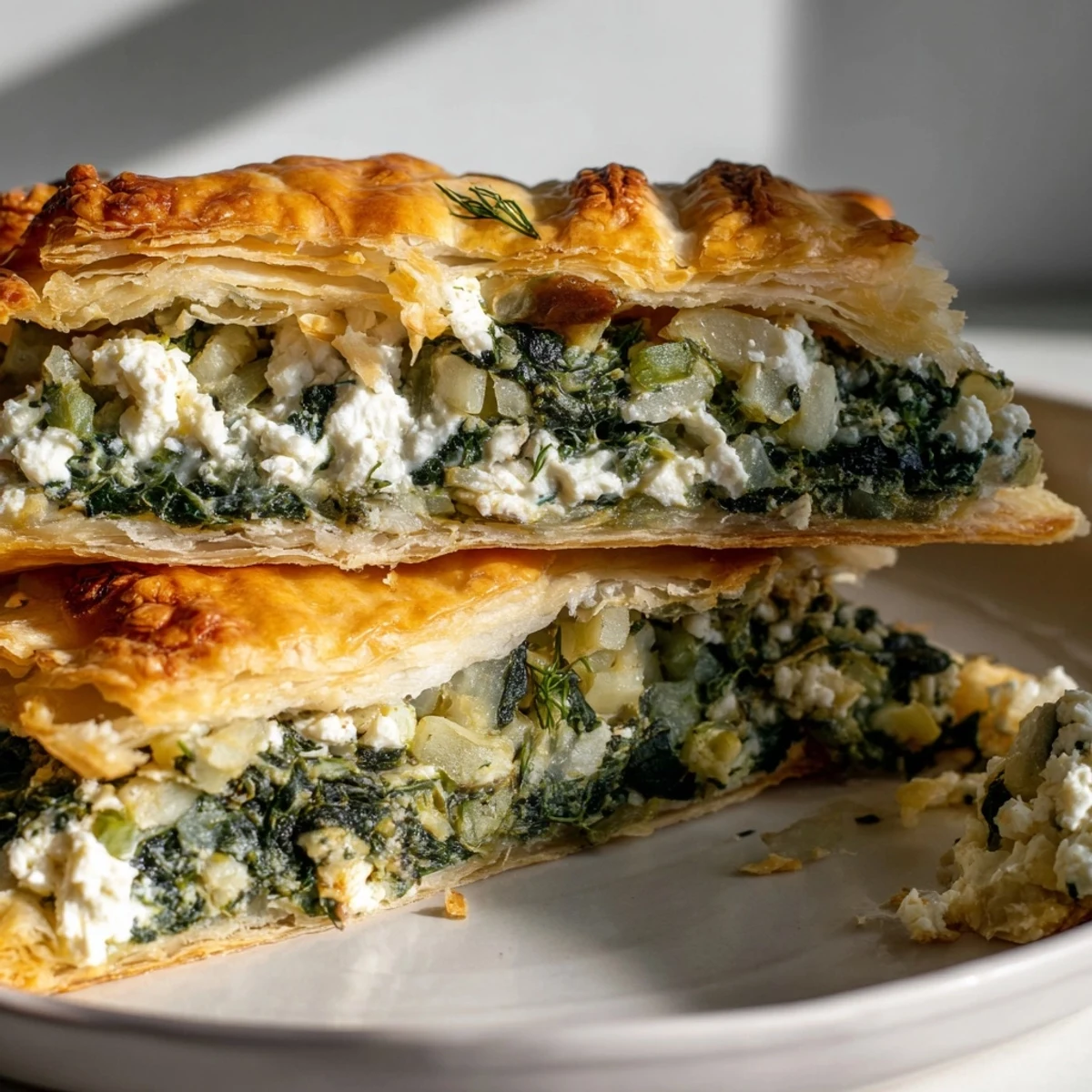 A rustic platter features warm Green Spinach and Feta Puff Pastry beside a fresh Greek salad.