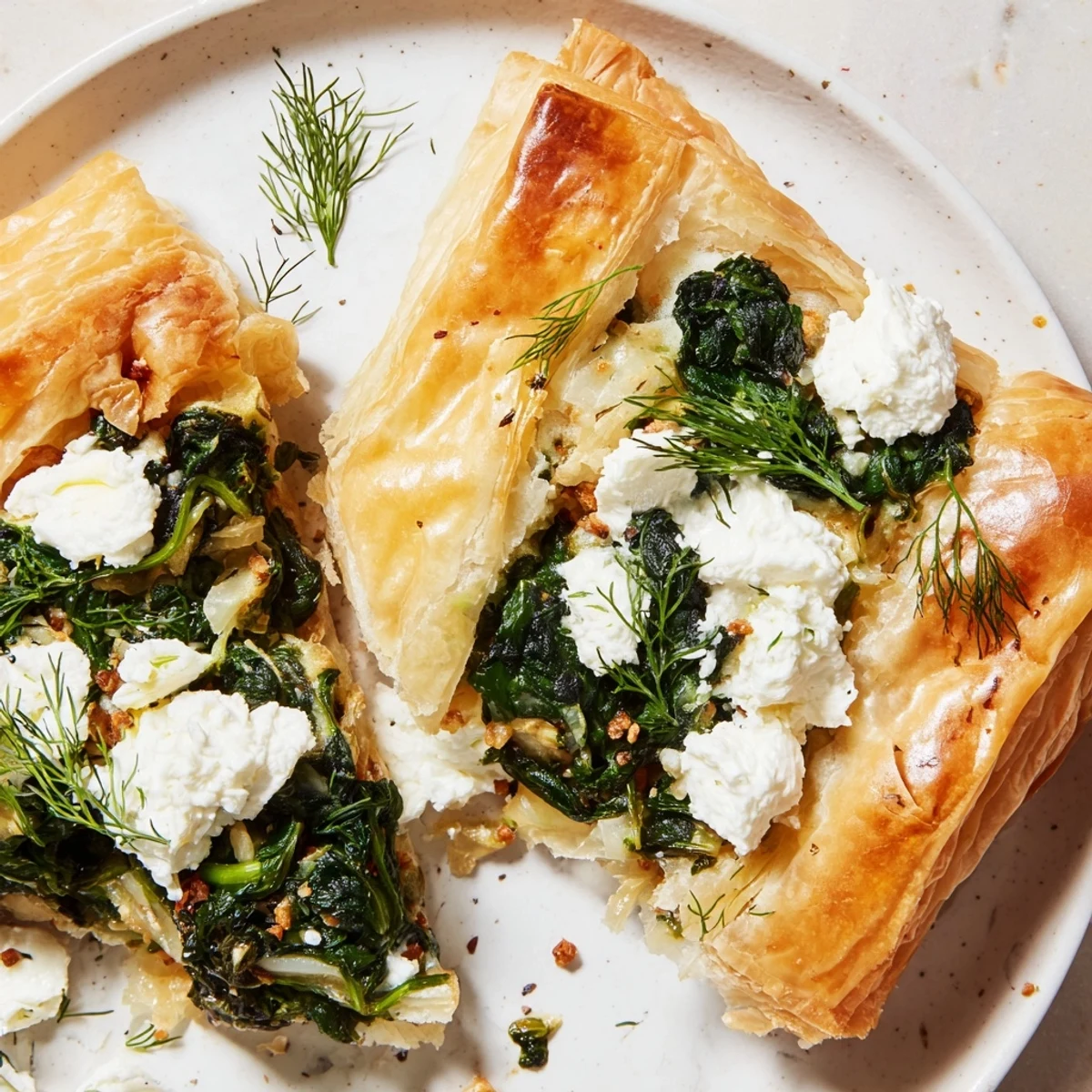 Fresh herbs and crumbled feta top a crisp, golden-brown slice of Green Spinach and Feta Puff Pastry.