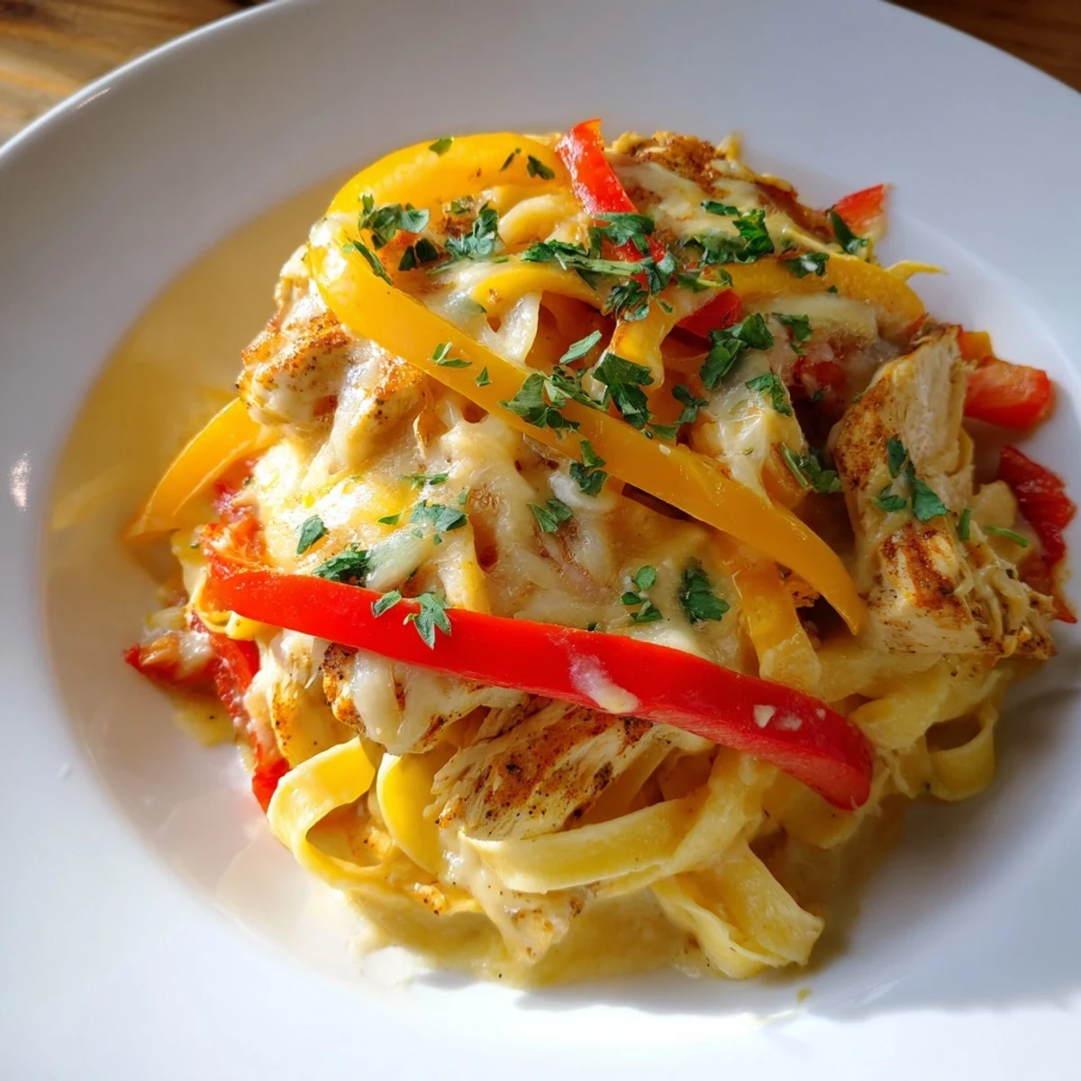 Sliced Cajun Chicken Pasta with Cream Sauce in a white bowl, garnished with fresh parsley and Parmesan alongside a glass of white wine.