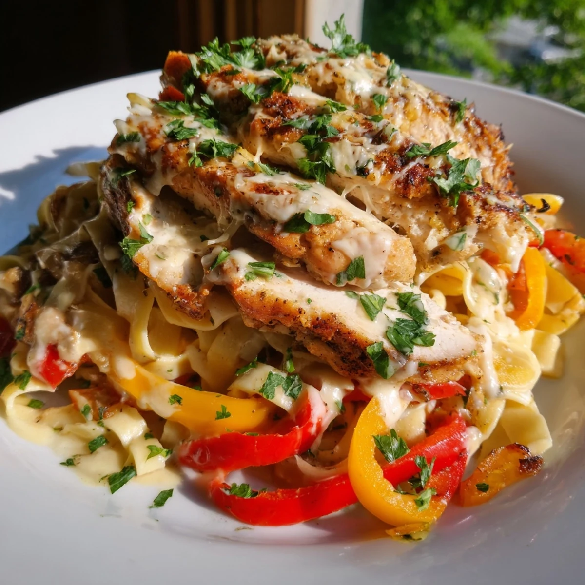 Creamy Cajun Chicken Pasta with sautéed red and yellow peppers, ready to serve for a delicious weeknight dinner.