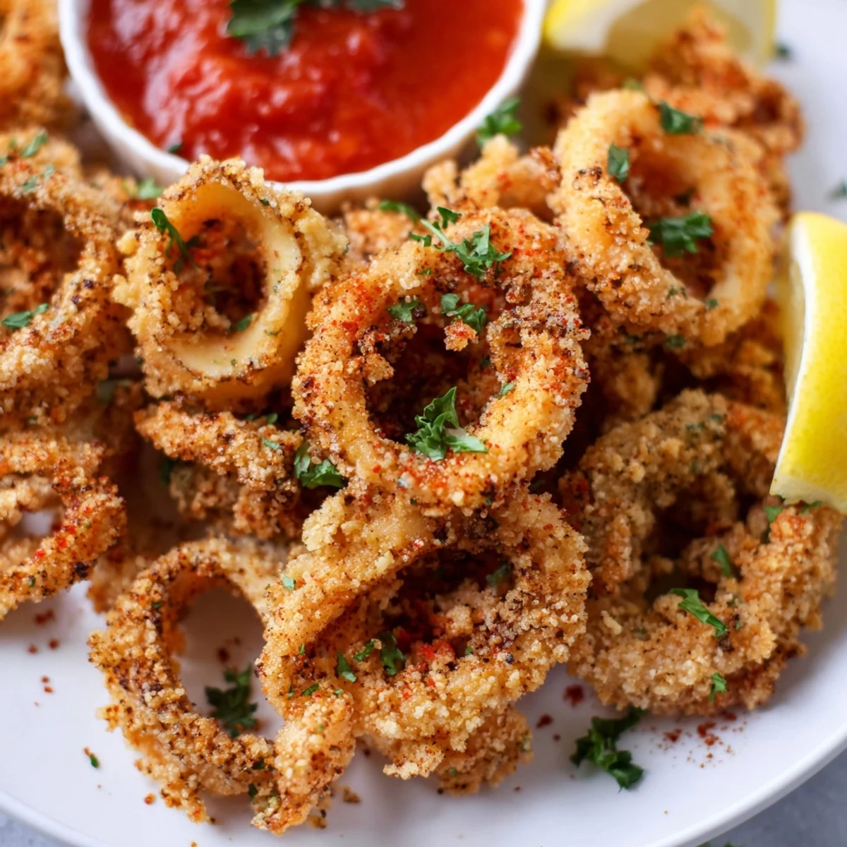 Golden-fried Big Game Crispy Calamari with Marinara piled high on a platter with fresh parsley and lemon wedges.