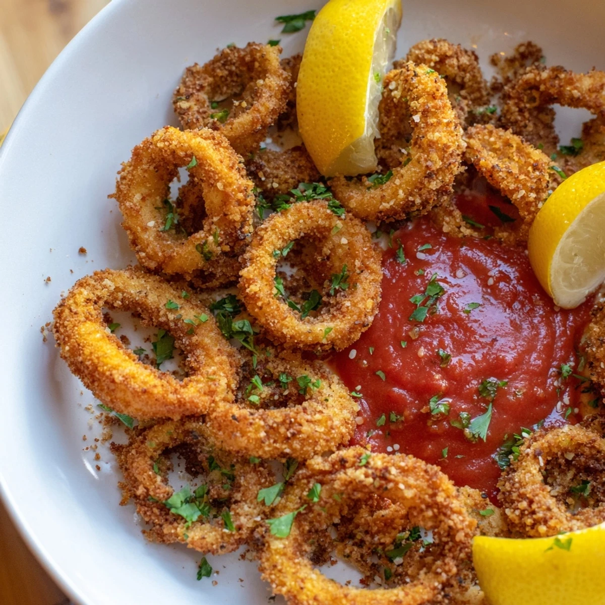 A close-up of Big Game Crispy Calamari with Marinara, featuring crunchy seafood bites ready for a big game snack.
