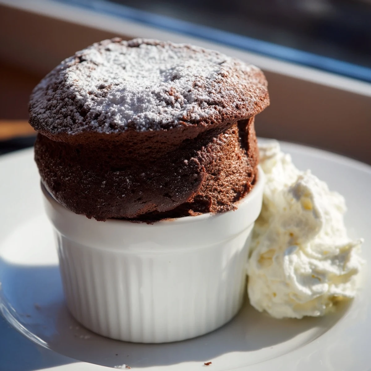 Golden-brown Romantic Chocolate Soufflé with Cream rising tall in a ramekin, dusted with powdered sugar and topped with a dollop of vanilla cream.