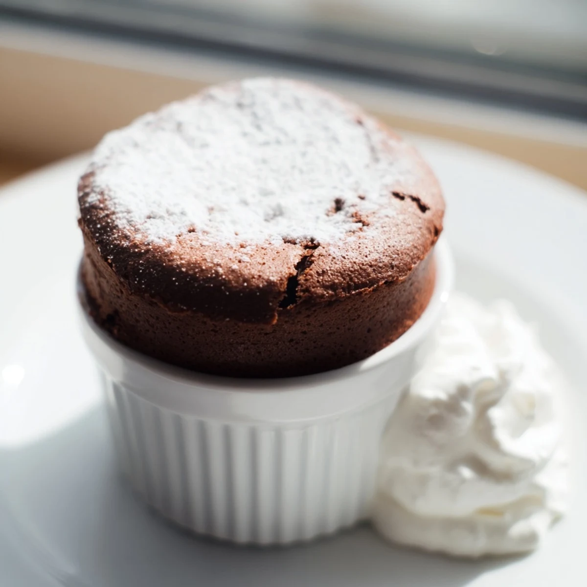 Warm Romantic Chocolate Soufflé with Cream served alongside a bowl of fresh whipped cream and raspberries on a rustic wooden table.