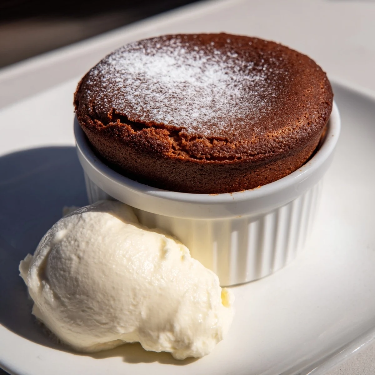 Delicate Romantic Chocolate Soufflé with Cream topped with vanilla cream, with a chocolate shavings garnish on a white ceramic plate.