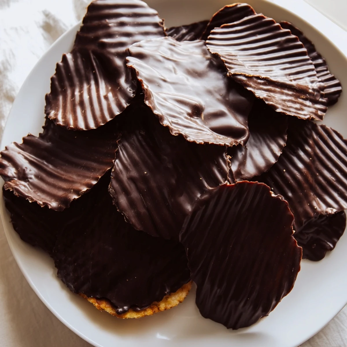 Golden Chocolate Covered Potato Chips stacked on a white plate with sea salt flakes, ideal for party snacking.