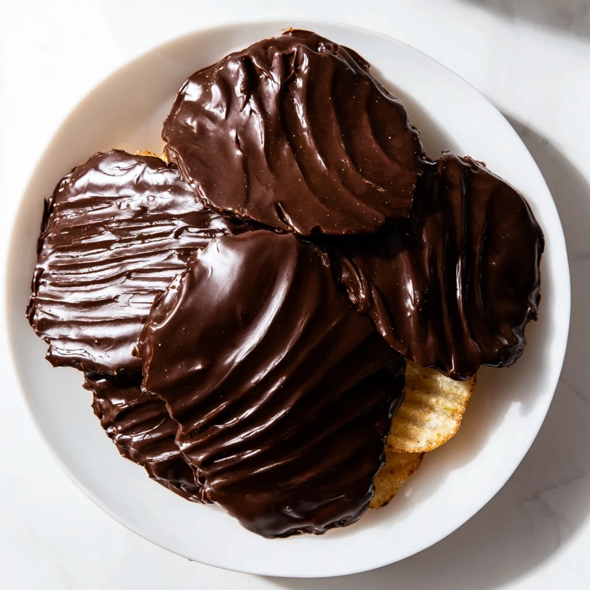 A handful of Chocolate Covered Potato Chips with melted dark chocolate, perfect for sweet-and-salty dessert lovers.