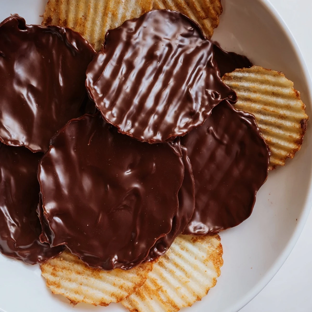 Homemade Chocolate Covered Potato Chips arranged on parchment paper, ready to serve with milk or coffee.