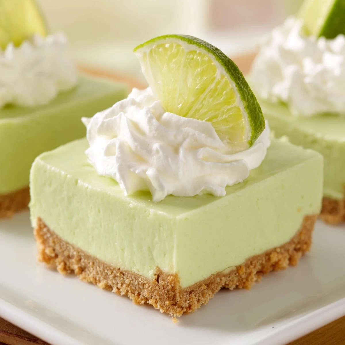 Zesty chilled St. Patrick's Day Key Lime Pie Bars garnished with fresh lime zest on a festive green dessert platter.