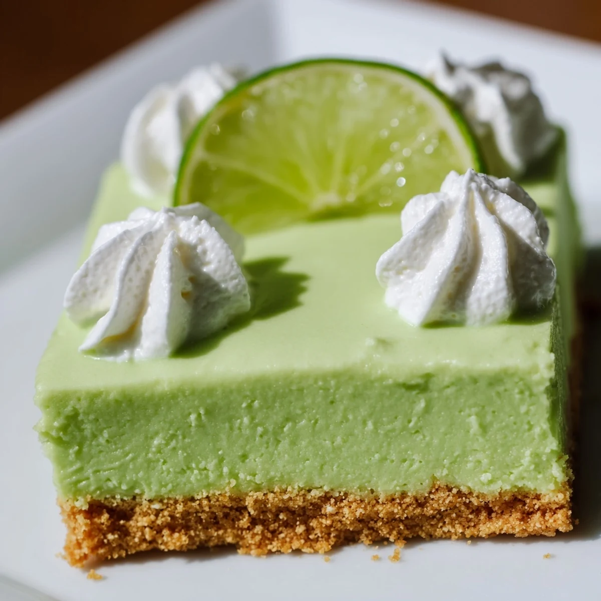 Square slices of St. Patrick's Day Key Lime Pie Bars featuring a smooth, tangy filling and crisp, crumbly base.