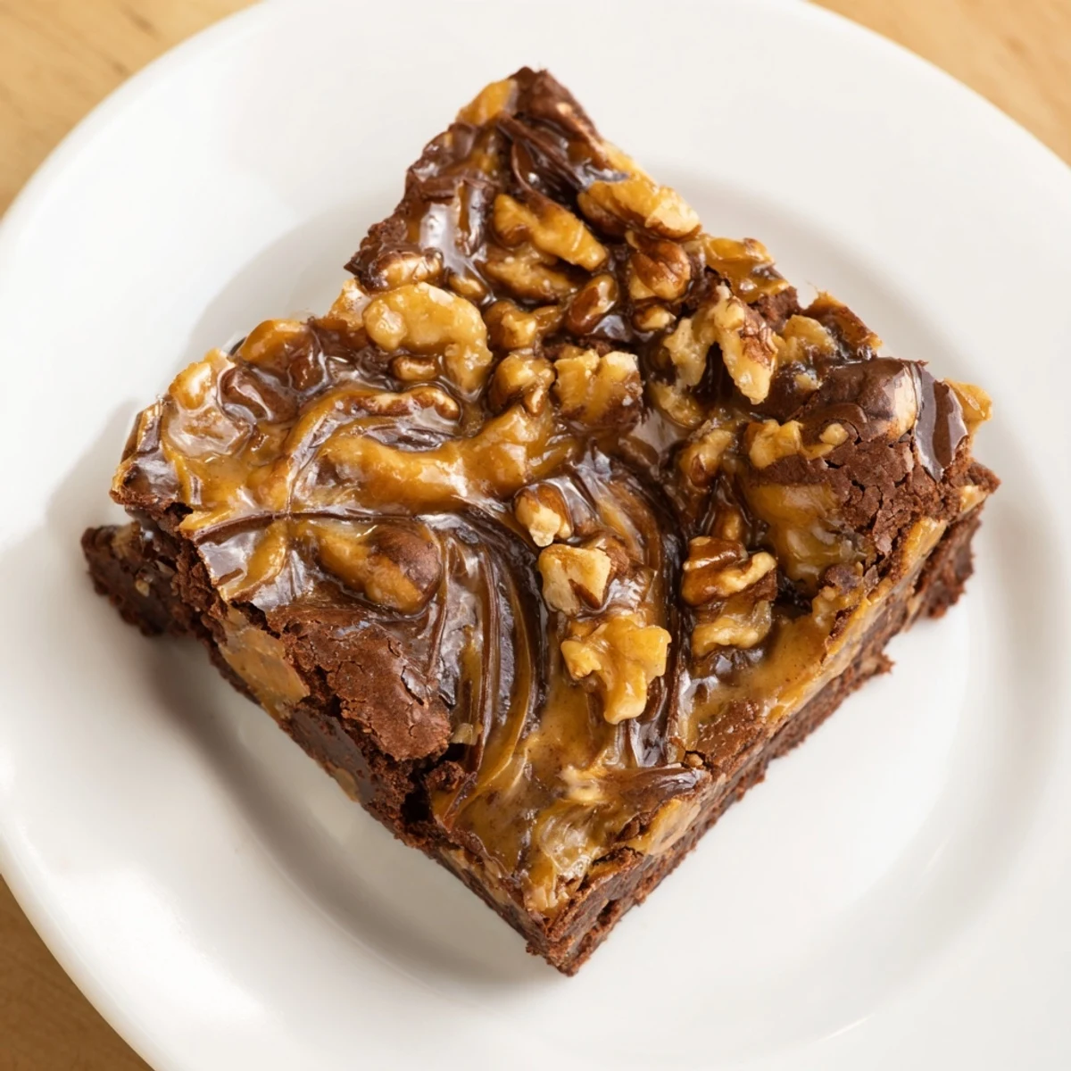 Golden-brown New Orleans Praline Brownies on a white plate with a gooey praline swirl and chopped pecans.
